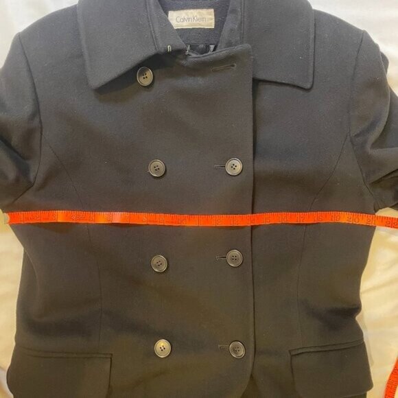 Calvin Klein Maxi Coat Size 12 Vintage 80's Black Double Breast Belt Merino Wool - Picture 9 of 15